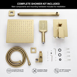 Complete brushed gold rain shower system kit with 10-inch shower head, handheld shower, valve and installation hardware