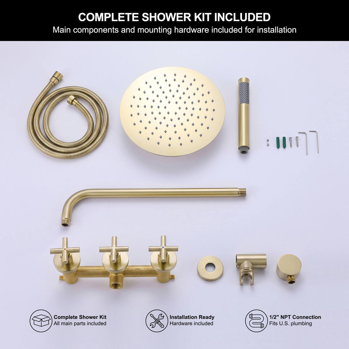 Complete brushed gold shower kit including rainfall shower head, handheld shower, shower arm and mounting hardware