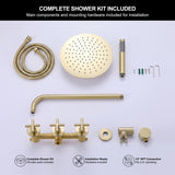 Complete brushed gold shower kit including rainfall shower head, handheld shower, shower arm and mounting hardware