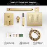 Complete brushed gold shower system kit including rainfall shower head, handheld shower, valve trim and installation accessories