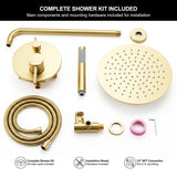 Complete brushed gold shower system kit with rain shower head, handheld sprayer, hose, valve and installation hardware