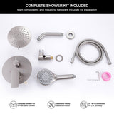 Full shower installation package containing the rain head, three-mode hand shower, hose, bracket, valve and mounting accessories