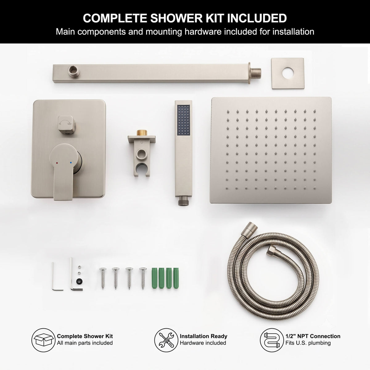 Complete brushed nickel shower system kit including rain shower head, handheld shower, valve trim and accessories
