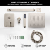 Complete brushed nickel shower system kit including rain shower head, handheld shower, valve trim and accessories