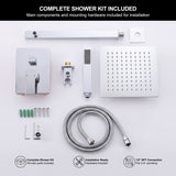 Complete chrome shower system kit including rainfall shower head, handheld sprayer, valve trim and accessories