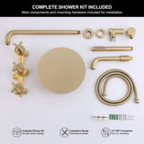 Complete wall-mounted bath and shower package with overhead spray, hand wand, filler spout, hose and mounting accessories