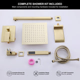 Full installation package containing a 10-inch rain head, hand sprayer, waterfall filler, hose, valve and mounting accessories