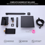Full installation set containing a 10-inch rainfall head, handheld shower, waterfall outlet, hose, valve and mounting hardware