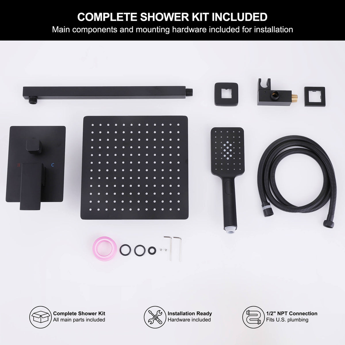 Complete matte black rain shower system kit with shower head, handheld shower, valve, hose and installation hardware