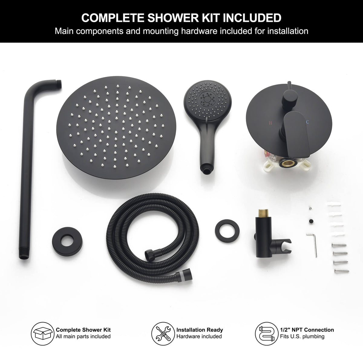 Complete matte black rain shower system kit with rain shower head handheld shower valve hose and installation hardware