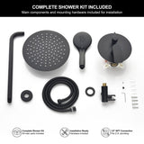Complete matte black rain shower system kit with rain shower head handheld shower valve hose and installation hardware