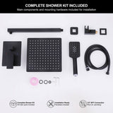 Complete matte black rain shower system kit with shower head, handheld shower, valve, hose and installation hardware