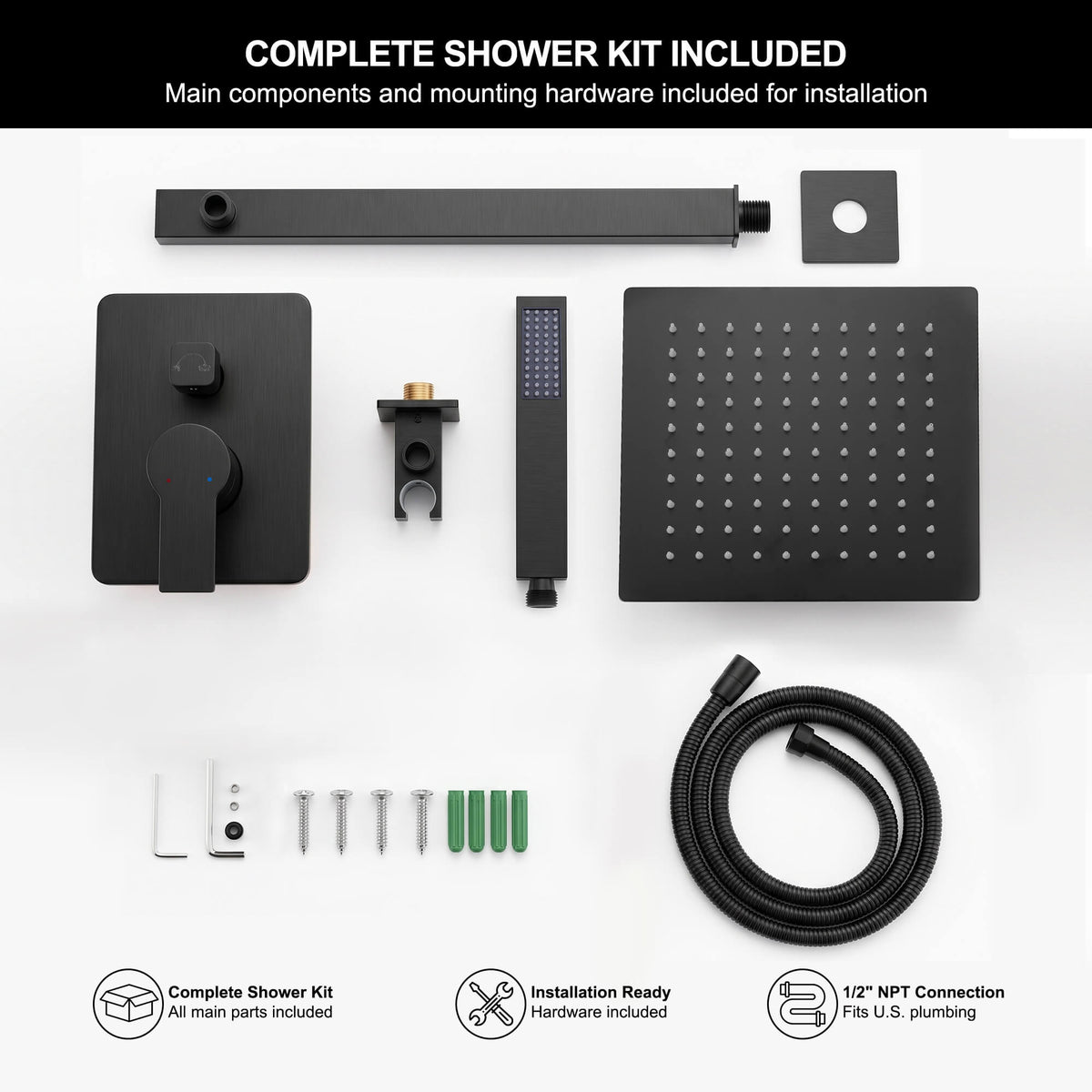 Complete matte black shower kit with rain shower head, handheld shower, valve trim and installation hardware