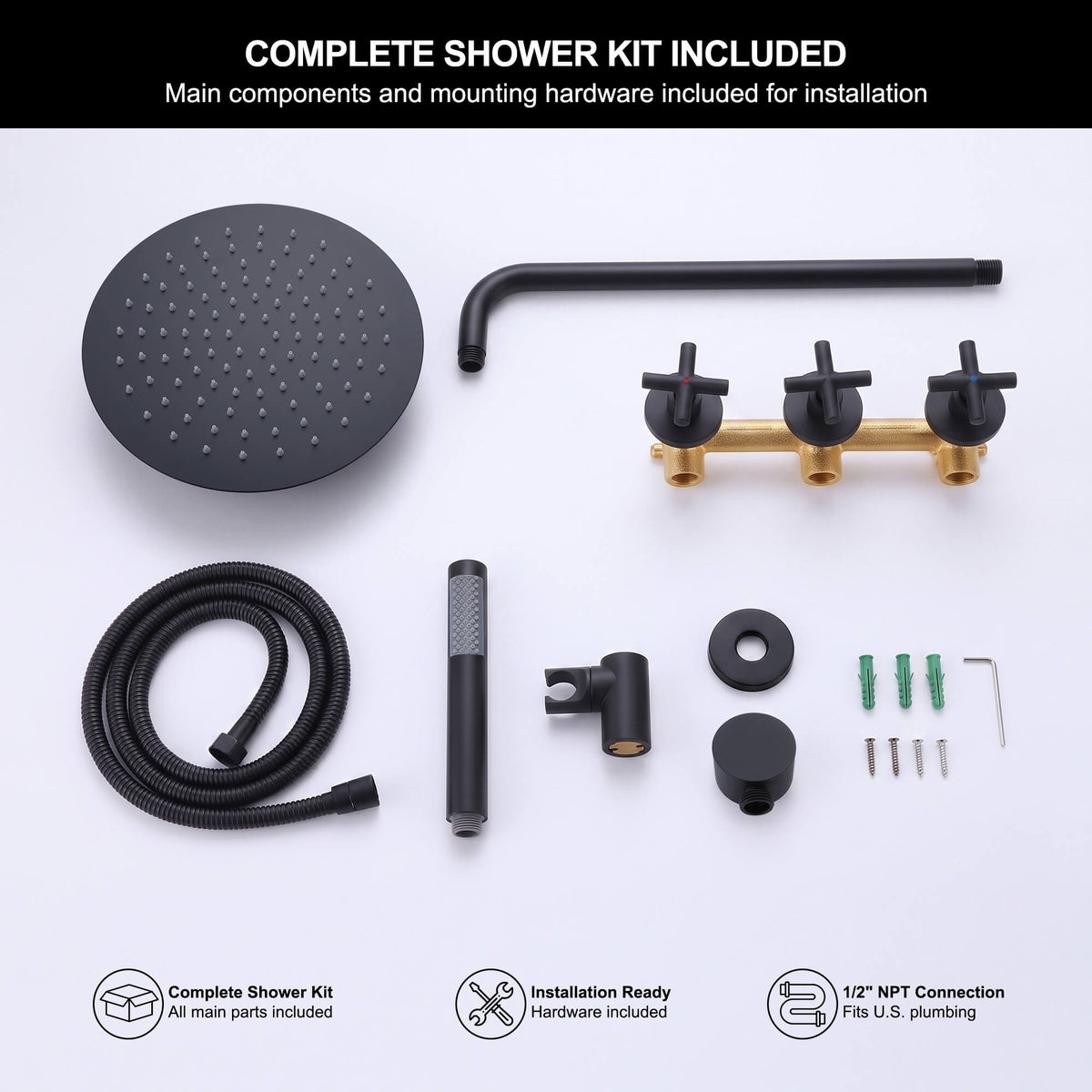 Complete matte black shower kit including rain shower head, shower arm, handheld shower and installation hardware