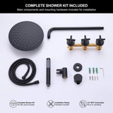 Complete matte black shower kit including rain shower head, shower arm, handheld shower and installation hardware