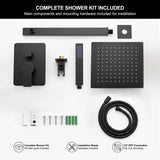 Complete matte black shower kit with rain shower head, handheld shower, valve trim and installation hardware