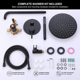 Complete matte black shower system kit with rain shower head, handheld shower, hose, rough-in valve and installation hardware