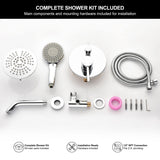 Full installation set with rain head, three-mode hand sprayer, flexible hose, mixer valve, wall bracket and mounting parts