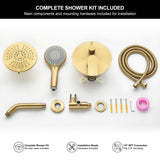 Full installation bundle containing the overhead spray, three-mode hand shower, flexible hose, wall bracket and valve components