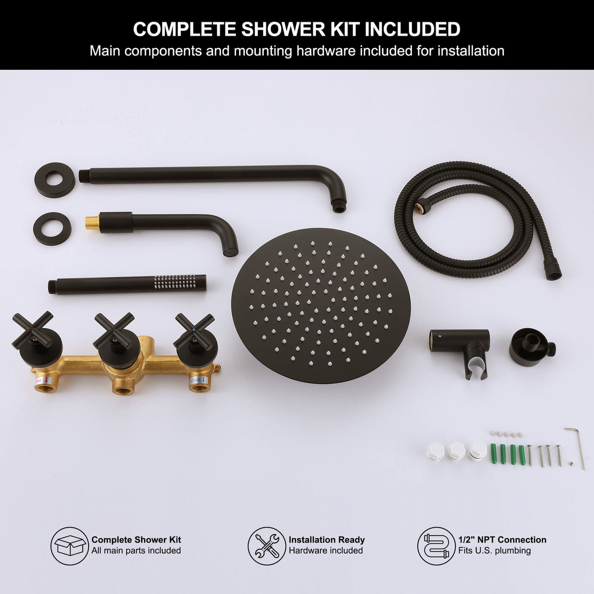 Full black bath and shower package containing an overhead spray head, hand wand, flexible hose, filler outlet and mounting hardware
