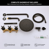 Full black bath and shower package containing an overhead spray head, hand wand, flexible hose, filler outlet and mounting hardware