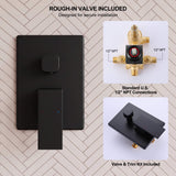 Included brass mixer and diverter body paired with rectangular black trim and standard U.S. 1/2-inch NPT connections