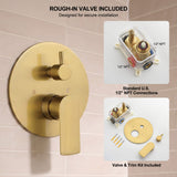 Included mixer and diverter assembly with round trim plate, mounting hardware and standard 1/2-inch NPT ports