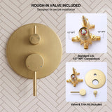 Round brushed brass control trim shown with an included rough-in valve and standard U.S. 1/2-inch NPT water connections
