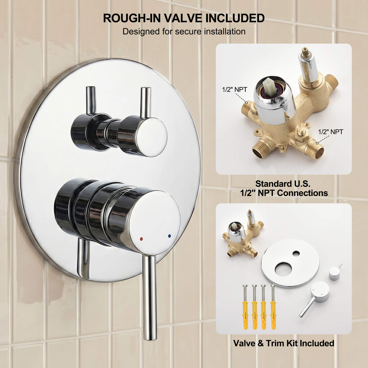 Included brass rough-in body, circular trim plate and separate flow controls with standard U.S. 1/2-inch NPT connections