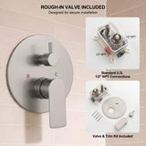 Included rough-in valve body paired with a brushed metal control plate, diverter knob and U.S. 1/2-inch NPT ports