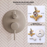 Included rough-in valve and brushed metal trim featuring separate water control and three-outlet function selector
