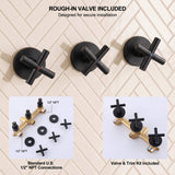 Hot, cold and diverter cross-handle controls shown with the included brass rough-in body and U.S. 1/2-inch NPT connections
