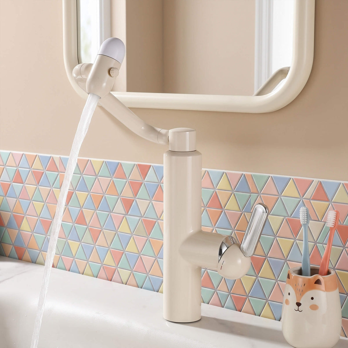Cream white flexible neck faucet used on bathroom sink countertop