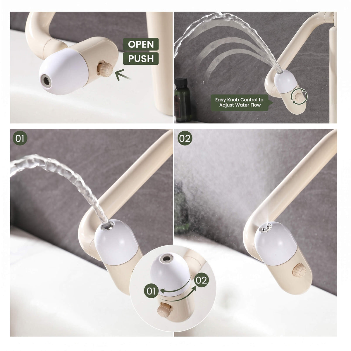Cream white faucet showing different water flow spray modes
