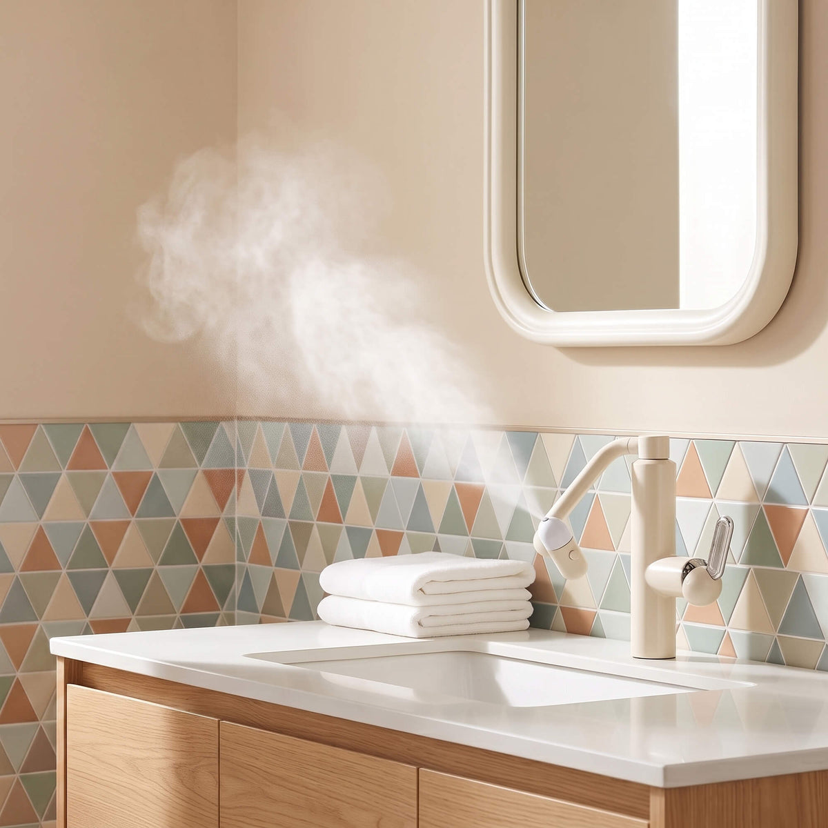 Cream white faucet showing fine mist spray water mode