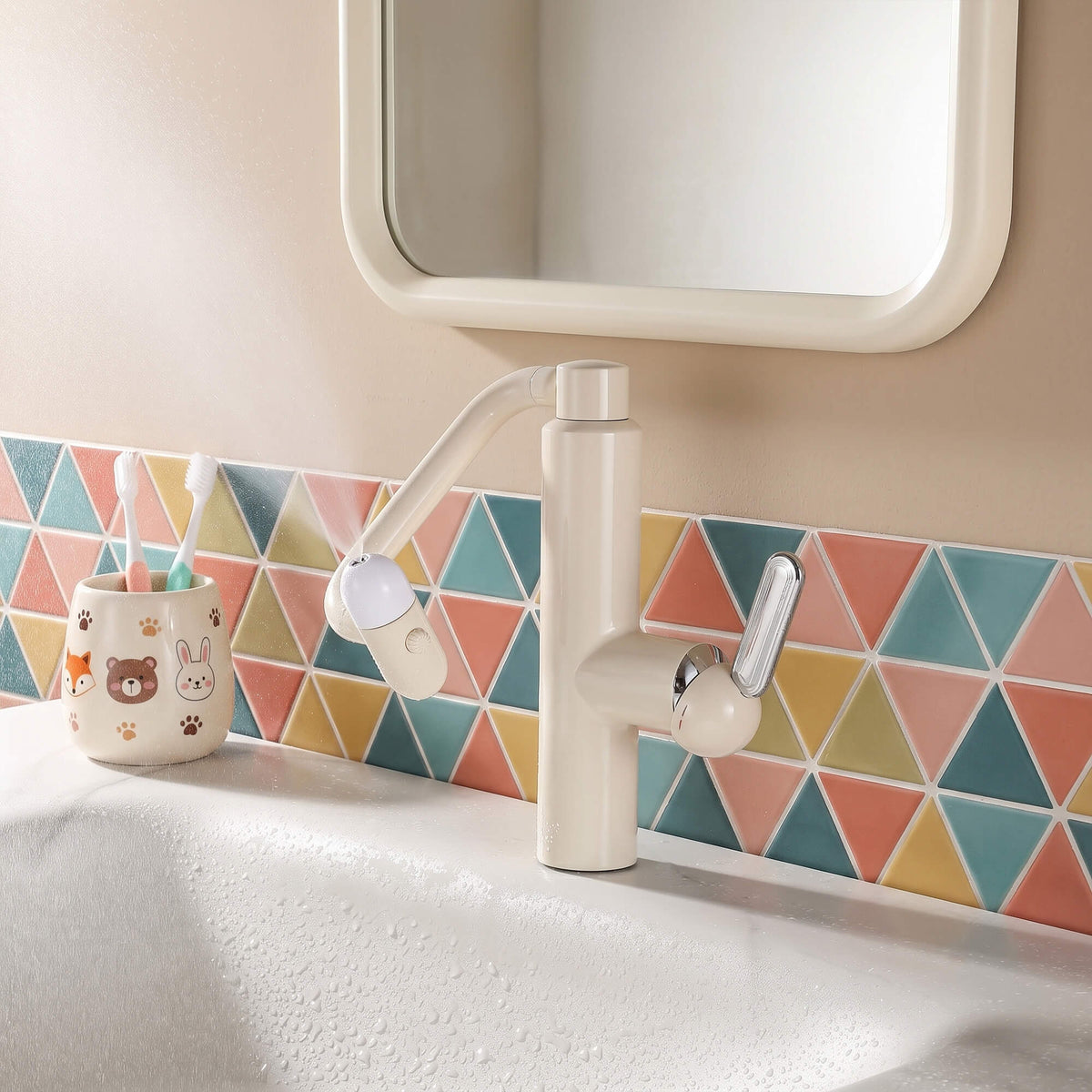 Cream white faucet displaying mist spray function in bathroom setting
