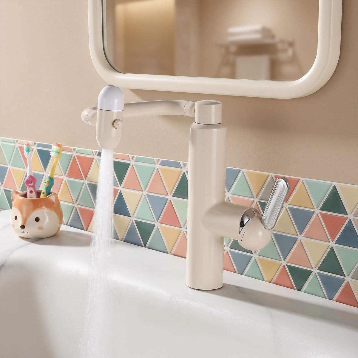 Cream white bathroom faucet showing strong water stream flow