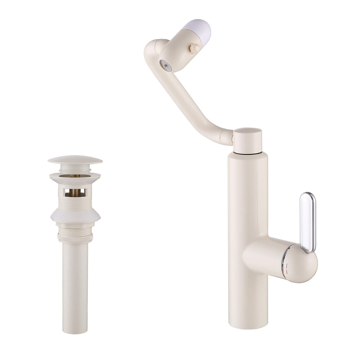 Cream white flexible bathroom faucet set with matching sink drain assembly on white background