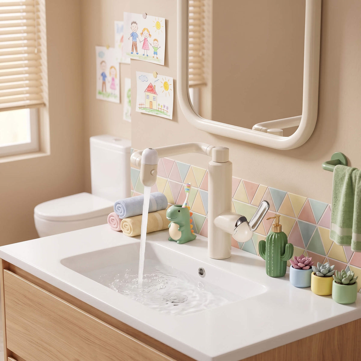 Cream white bathroom faucet installed in a colorful home bathroom setting