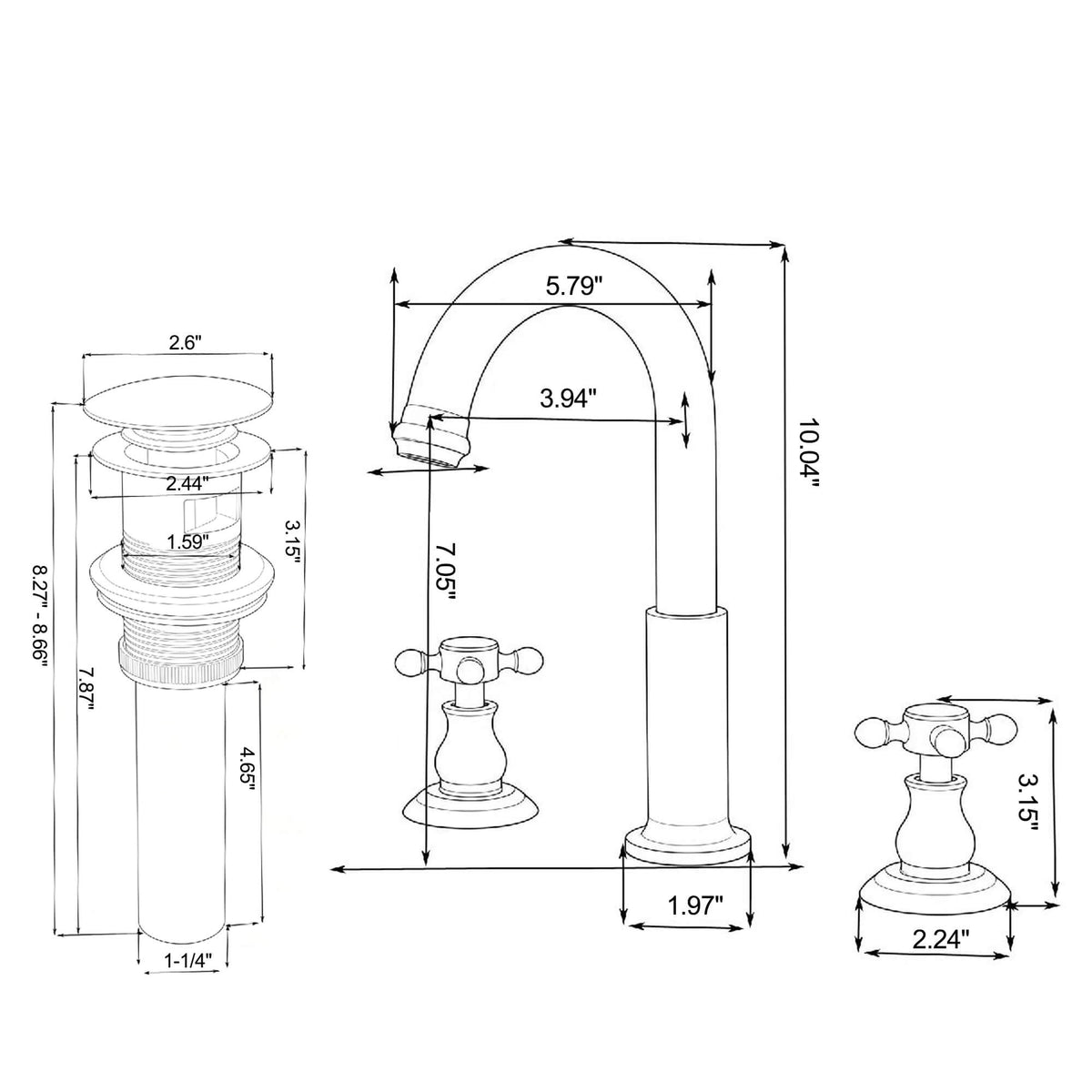 Dimensions of a cross handle bathroom faucet with tall curved spout and matching drain