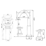 Dimensions of a cross handle bathroom faucet with tall curved spout and matching drain
