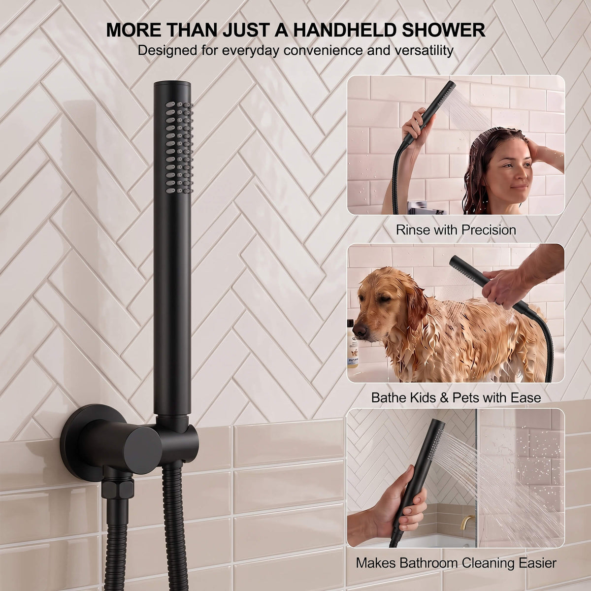 Narrow handheld sprayer shown for targeted hair rinsing, pet washing and cleaning tiled bathroom surfaces