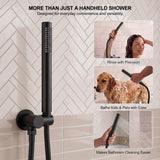 Narrow handheld sprayer shown for targeted hair rinsing, pet washing and cleaning tiled bathroom surfaces