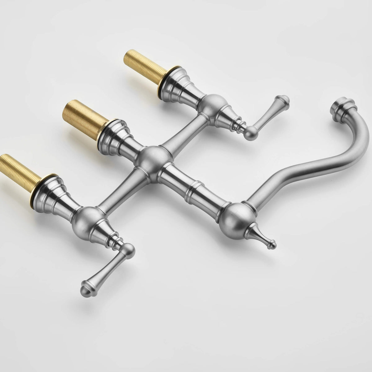Brushed nickel deck mount bridge kitchen faucet with two handles and threaded mounting shanks