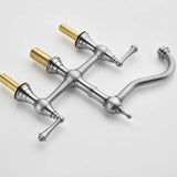 Brushed nickel deck mount bridge kitchen faucet with two handles and threaded mounting shanks