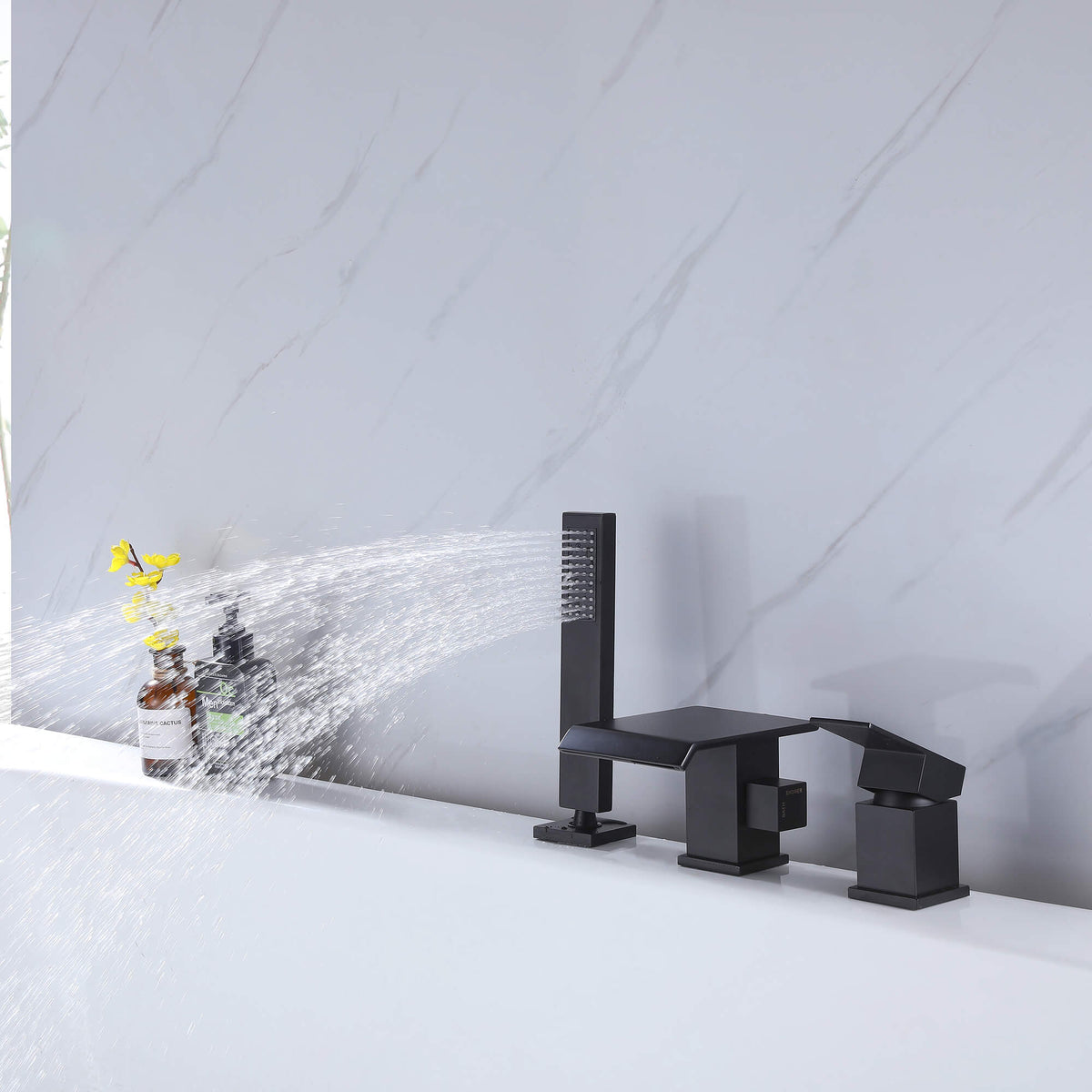 3-Hole Square Waterfall Roman Tub Faucet with Hand Shower