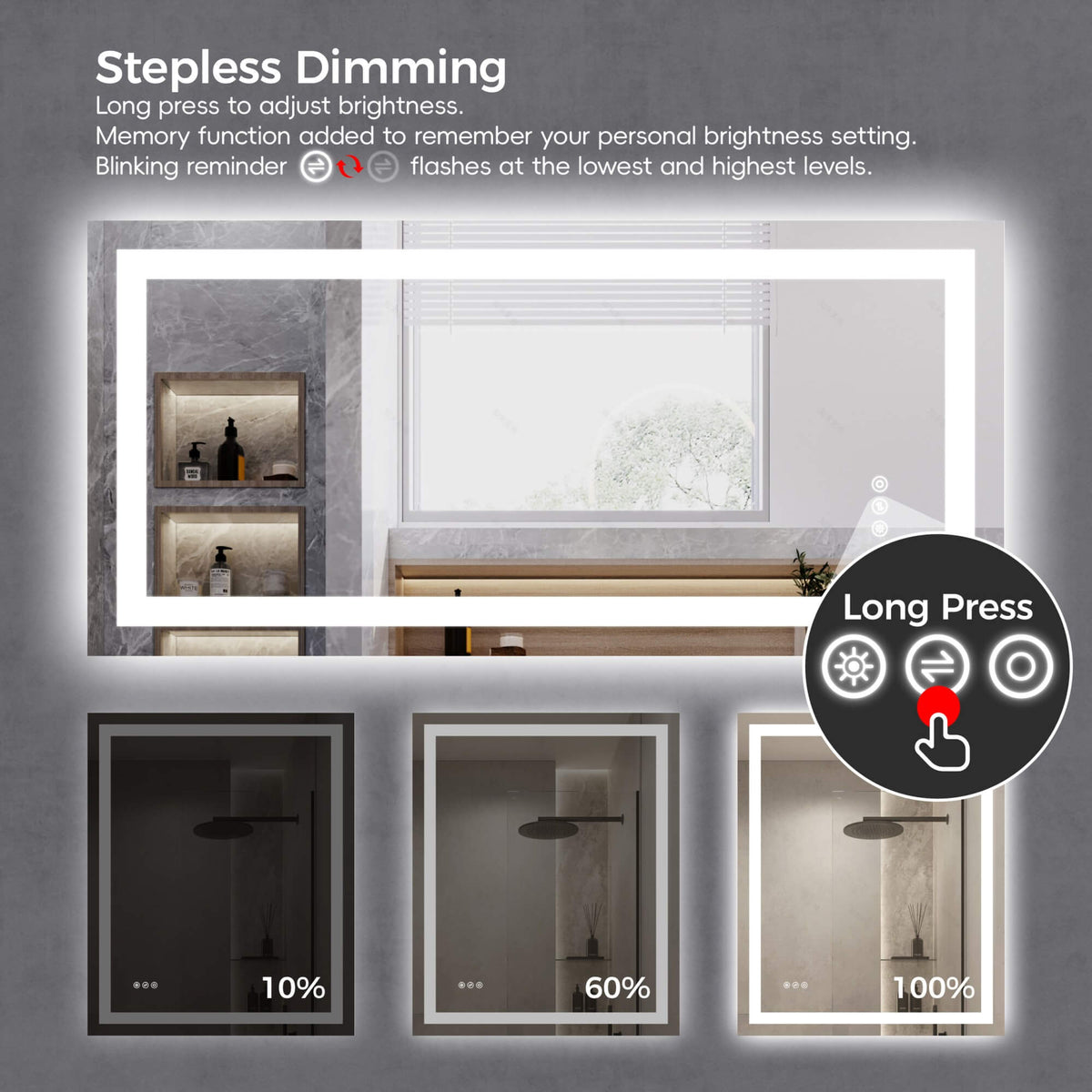 Dimmable LED bathroom mirror with stepless brightness control and memory function