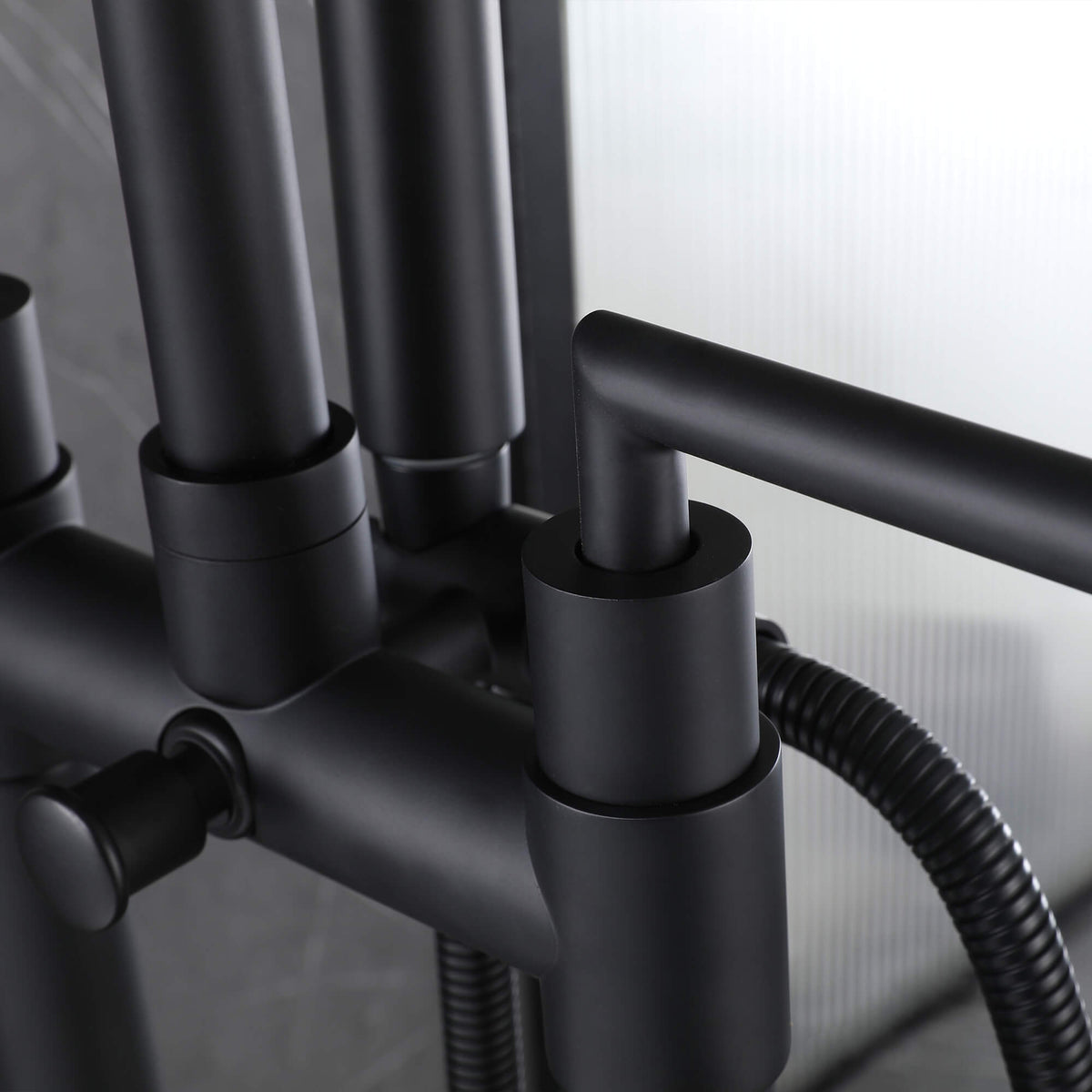 Twin-Column Freestanding Tub Filler with Dual Handles & Hand Shower