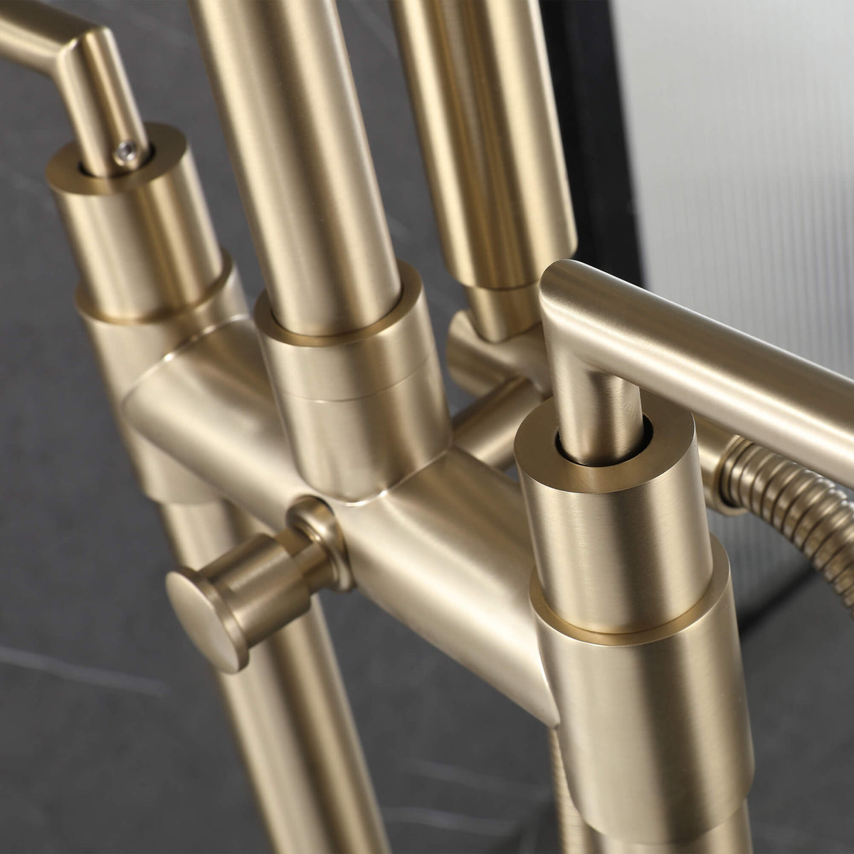 Twin-Column Freestanding Tub Filler with Dual Handles & Hand Shower
