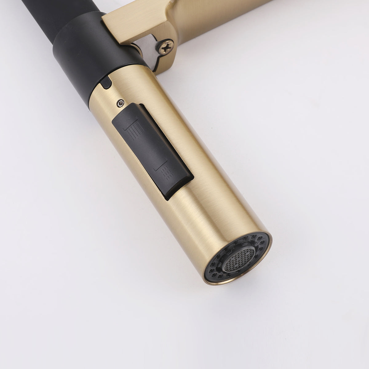 Close-up of dual-function pull-down sprayer with stream and spray button